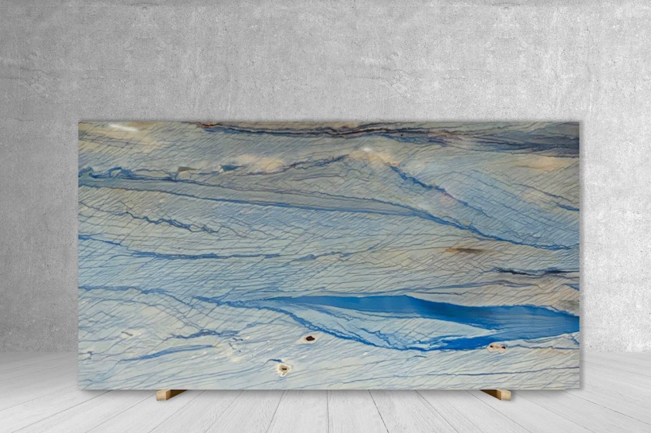 Granite Slab Azul Macaubas, polished blue and white veining, 105 x 60, Tilehouz Countertops.