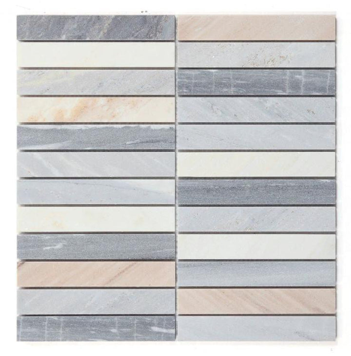 Slot Blue marble wall tile mosaic, 11.75 x 11.75, two-column sheet of small strips