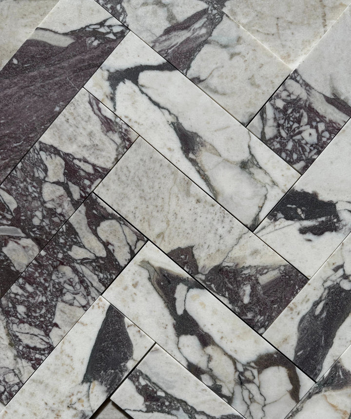 Calacatta Viola marble tile 4x12, white with purple-gray veining