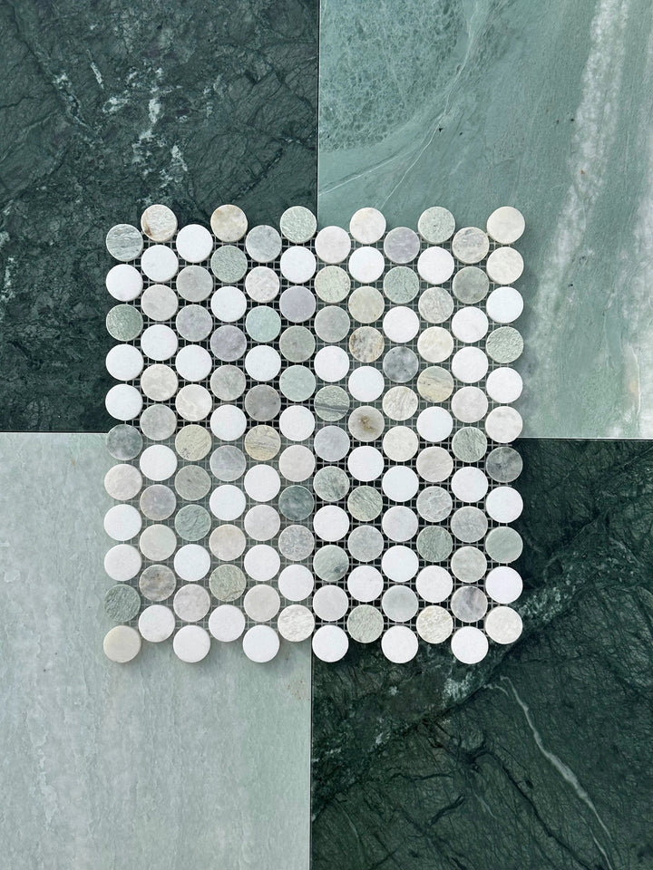 Ming Green Marble 1” Mix Penny Honed Mosaic by Tilehouz; penny-shaped marble circles for wall &amp; ceiling tile