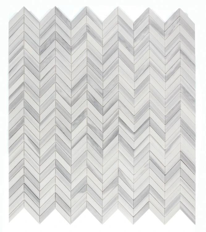 Chevron Marmala White 11x11 tile sheet with marble-look chevron pattern for walls