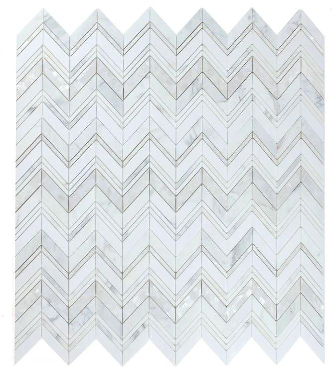 Diana Ravenna Calacatta wall tile sheet, marble-look chevron pattern, 11.75 x 12.25 in, Tilehouz Pearl