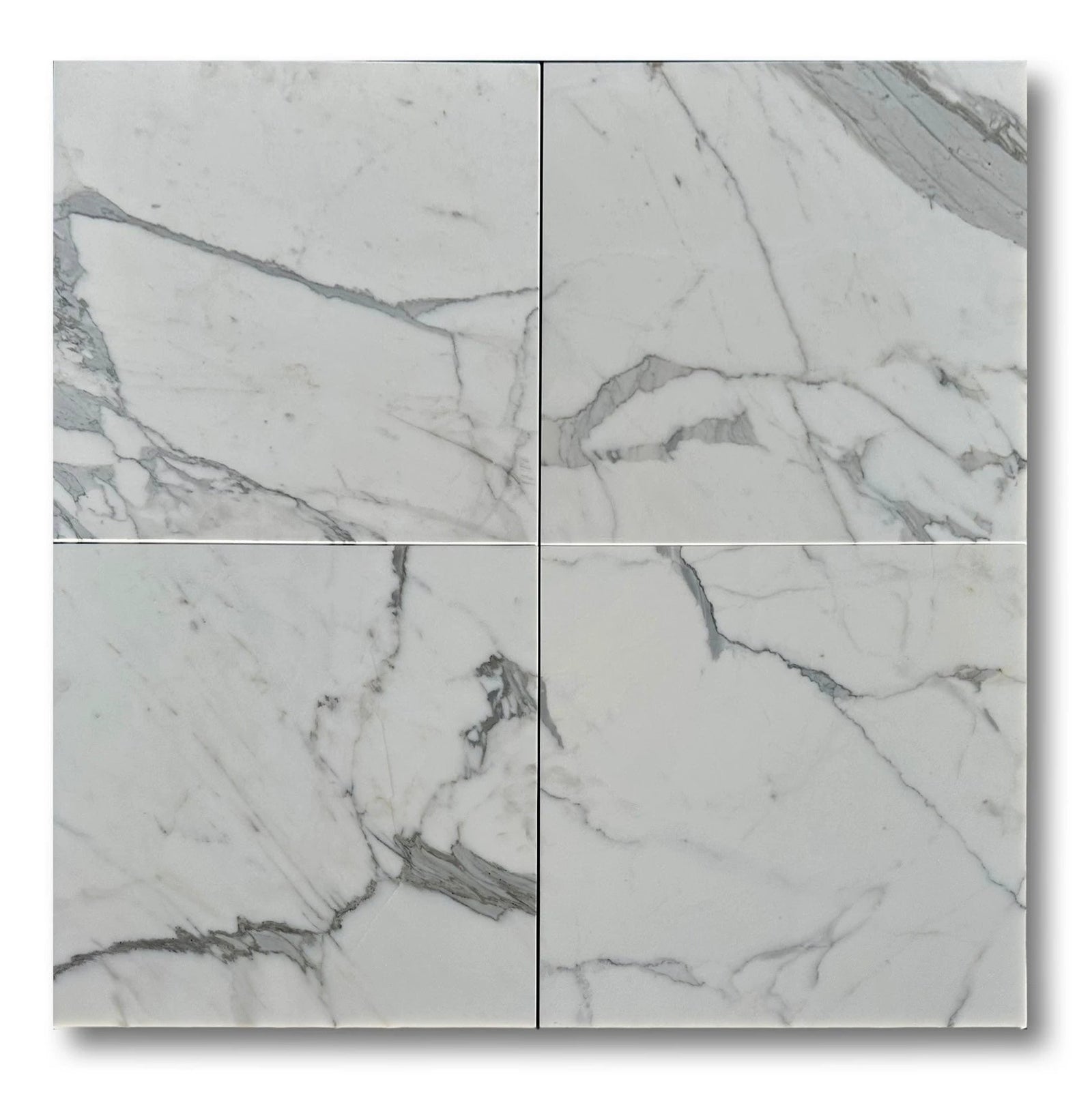 Statuario marble 24x24 tile set for wall and ceiling, polished/honed with gray veining.