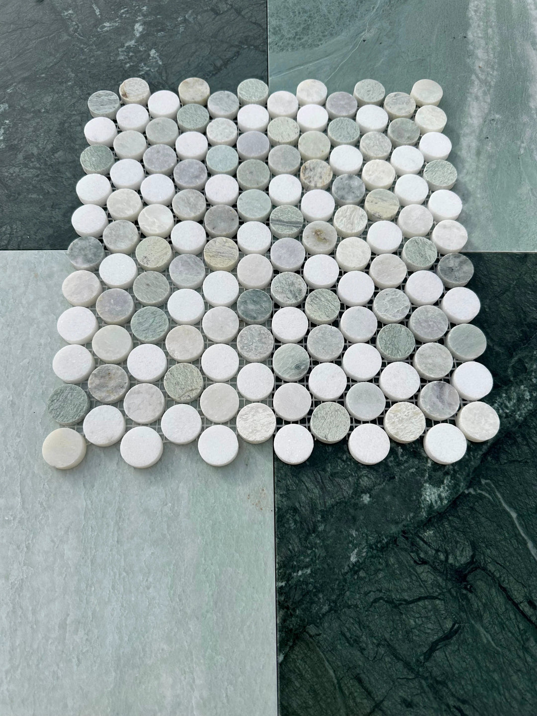 Ming Green Marble 1-inch Mix Penny Honed Mosaic tile by Tilehouz for wall and ceiling applications
