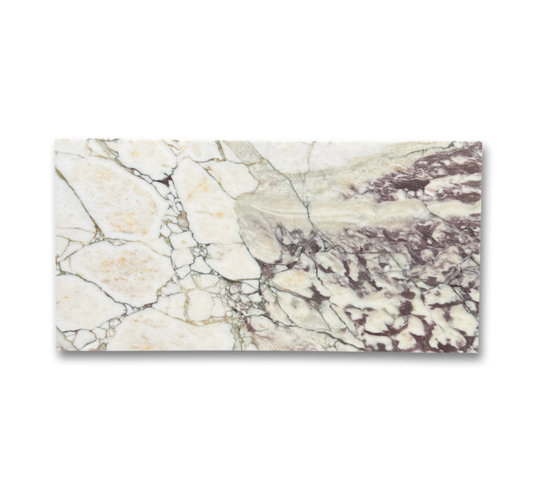 Calacatta Viola marble tile, 12x24, for wall &amp; ceiling; white with purple veining, by Tilehouz.