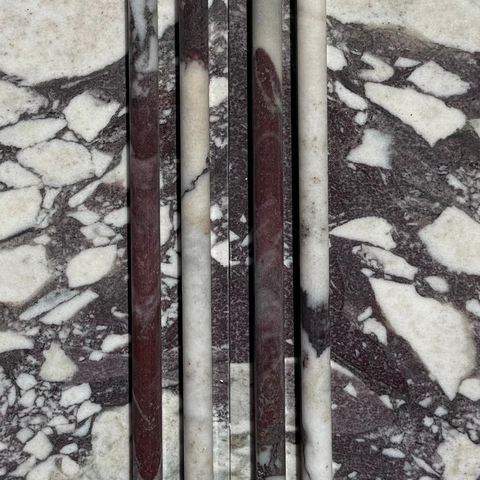 Calacatta Viola marble 1/2 pencil liners, 6-piece set in white and burgundy, Tilehouz