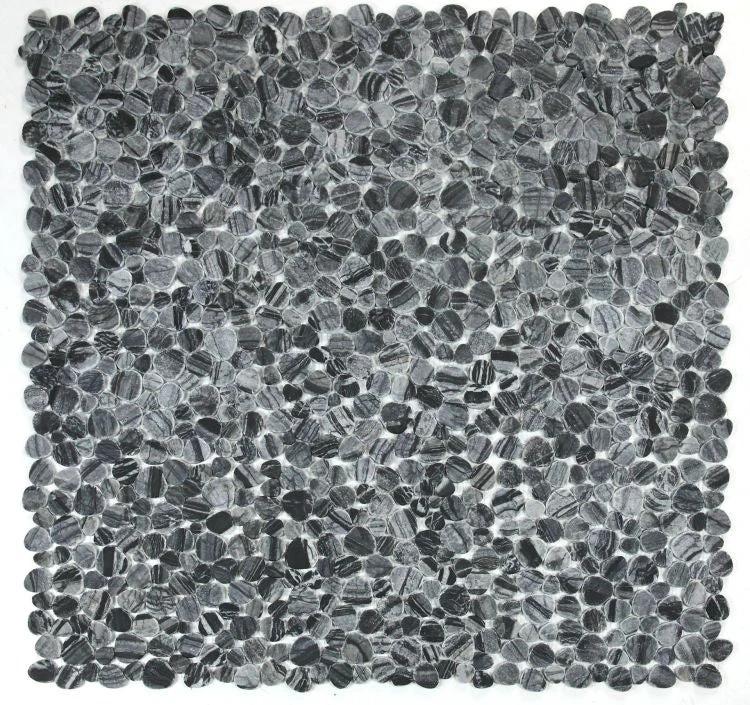 Aphrodite Dark Grain 12x12 wall tile sheet with dark grey pebble mosaic by Tilehouz.
