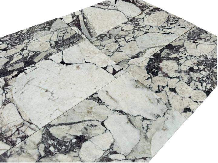 Calacatta Viola marble tile, 12x24, white with bold gray-veining; wall &amp; ceiling tile, 4 tiles shown.