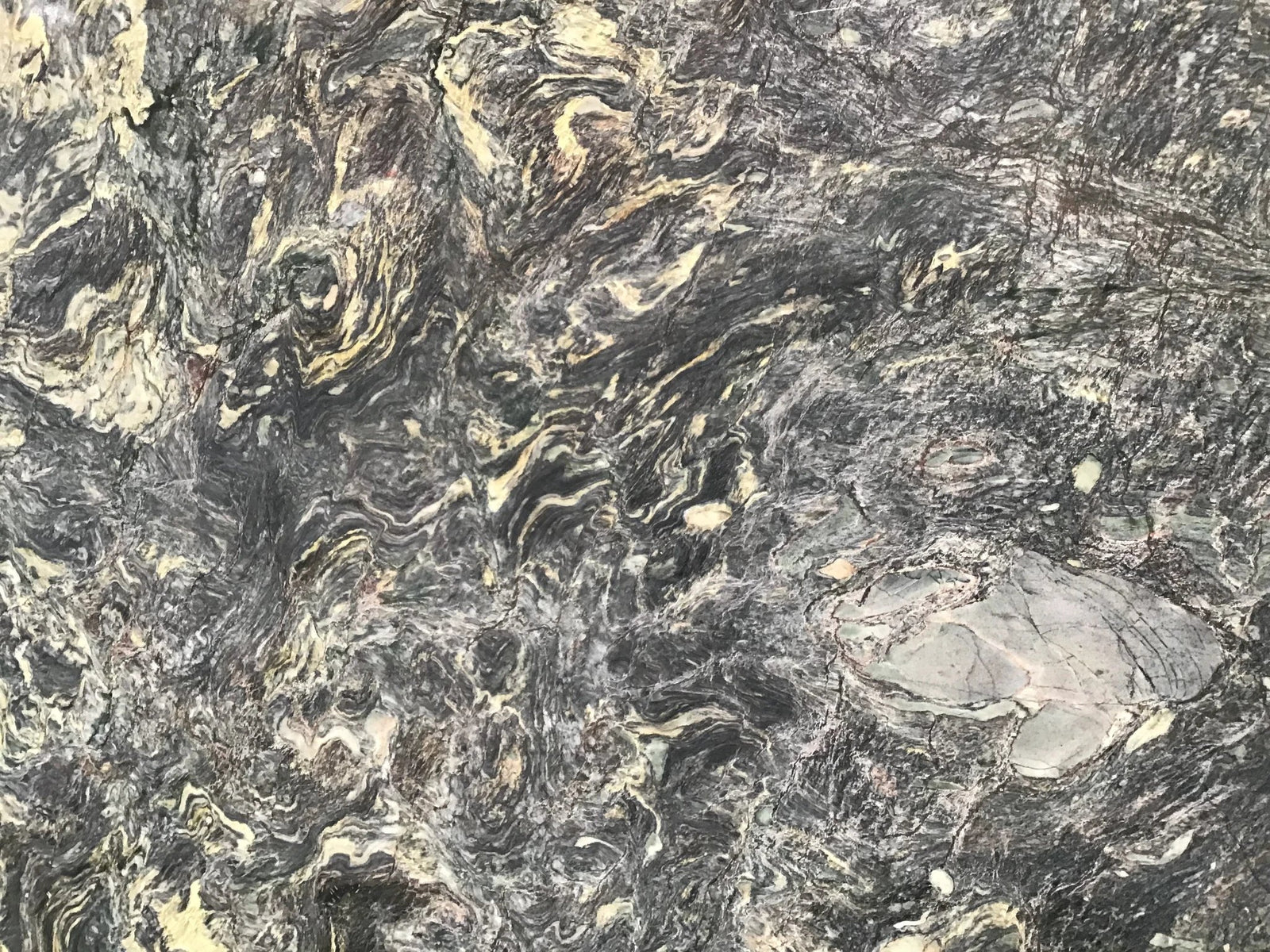 Tilehouz Quartzite Slab Fusion Wow Dark polished countertop with gray, black and gold veining; 3/4 in thick, 118 x 76