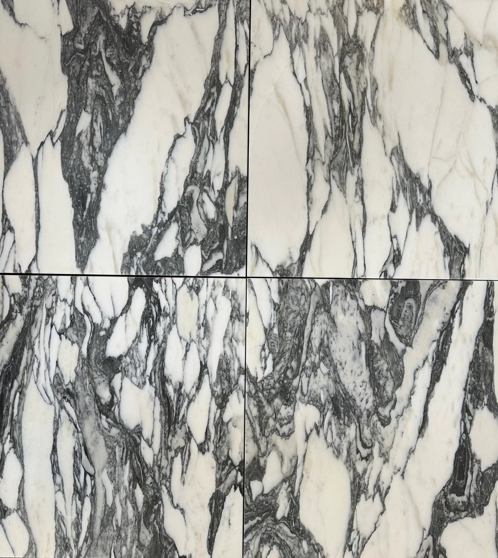 Arabescato 18x18 marble tile by Tilehouz, polished/honed finish, white with bold gray veining, set of 4 wall tiles.