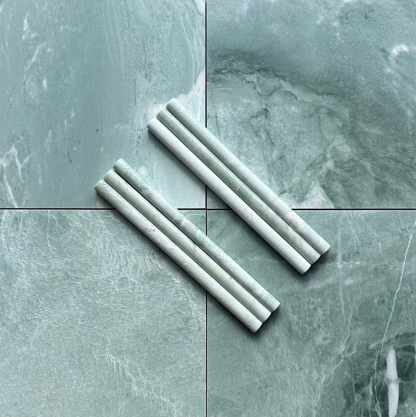 Ming Green Marble 3/4x12 Bullnose Liner (6-pack) by Tilehouz; green veined marble wall trim