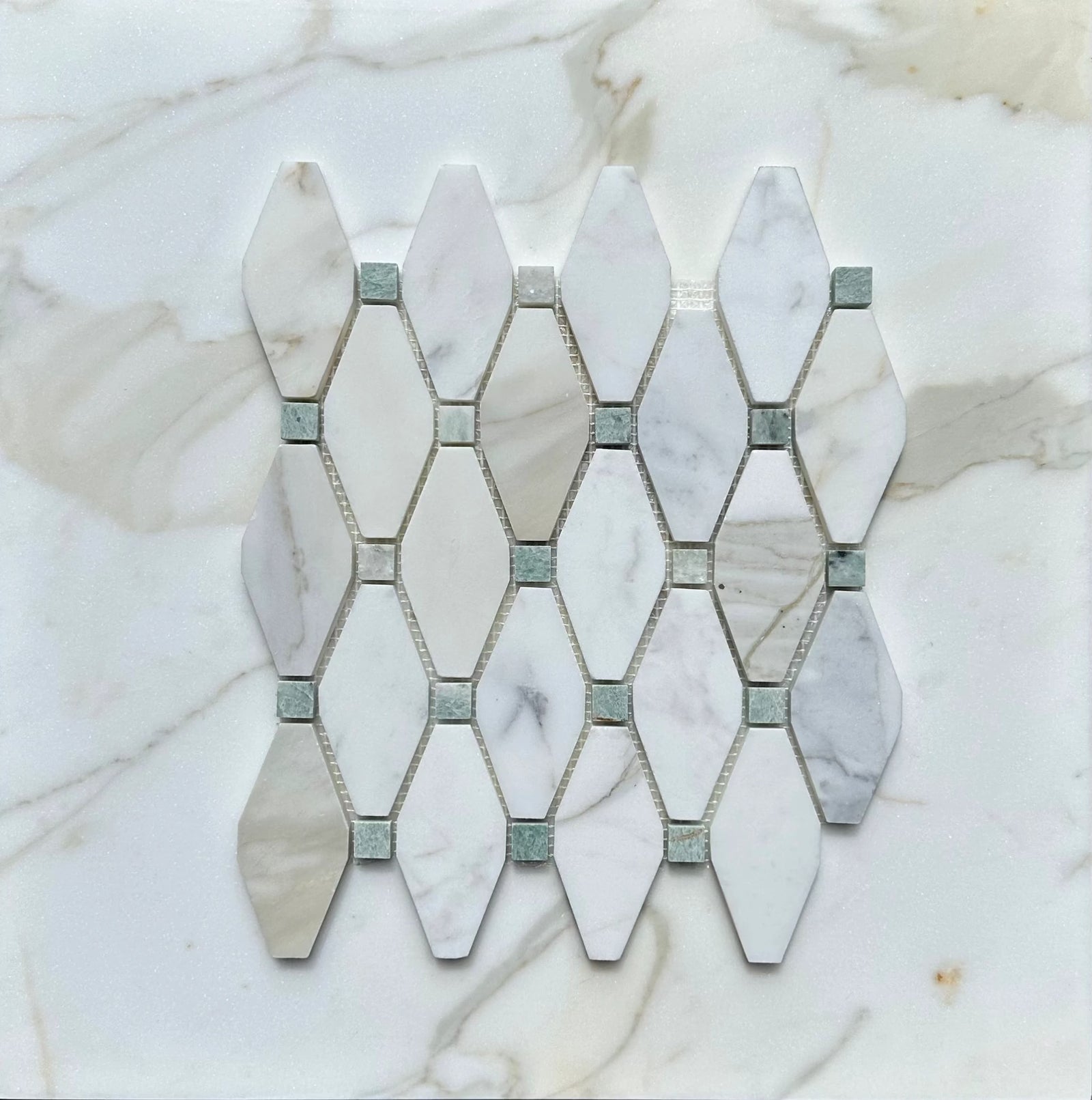 Calacatta Gold Marble Octave Mosaic with Ming Green Dots, Tilehouz wall tile in polished/honed finish.