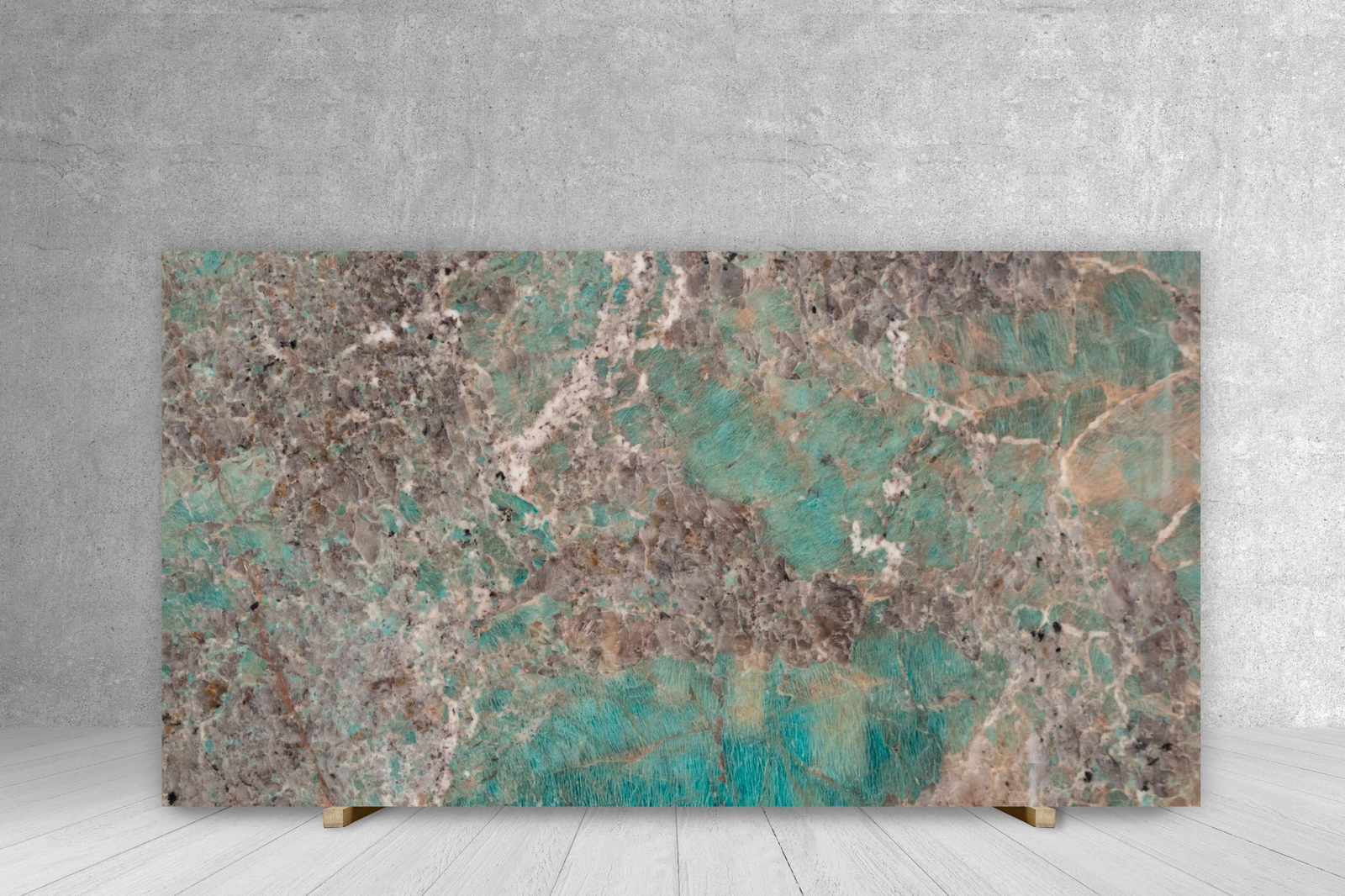 Granite Amazonite slab, extra-polished teal-green with brown veining, 126 x 78 cm countertop