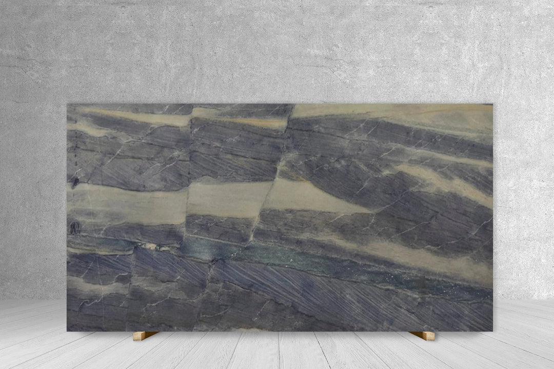 Granite Azul Macaubas polished slab, blue-gray with cream veining, 3/4 in thick, 128 x 71 Tilehouz countertop slab