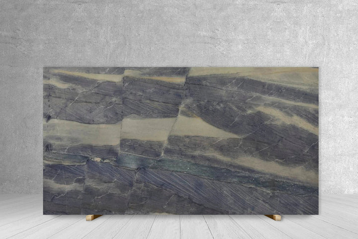 Granite Azul Macaubas polished slab, blue-gray with cream veining, 3/4 in thick, 128 x 71 Tilehouz countertop slab