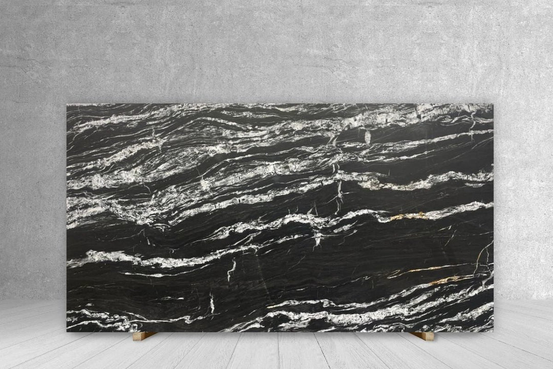 Granite Belvedere leathered slab countertop, 118 x 78, black with white veining by Tilehouz
