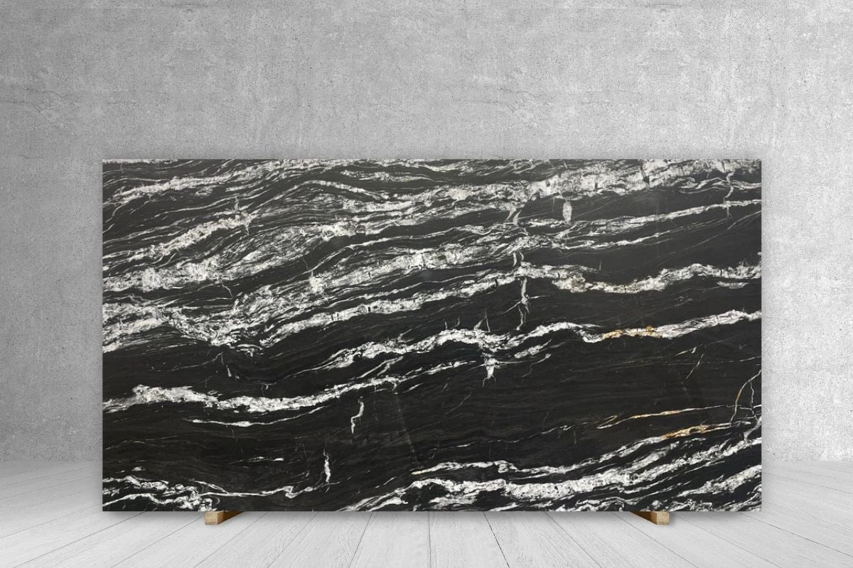 Granite Belvedere leathered slab countertop, 118 x 78, black with white veining by Tilehouz