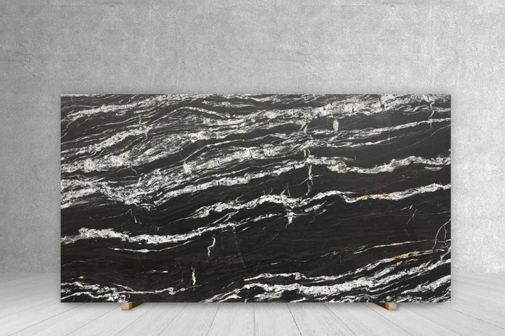 Granite Belvedere leathered slab countertop, 118 x 78, black with white veining by Tilehouz