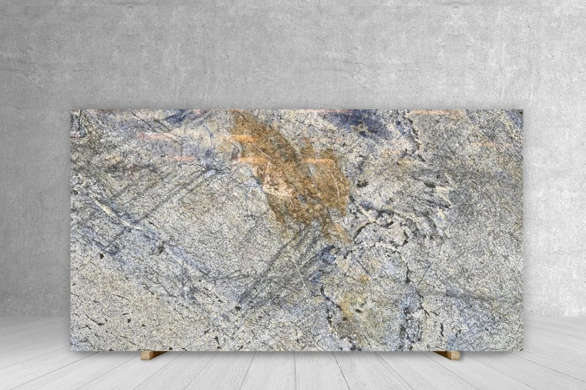 Granite Brazilian Blue polished slab by Tilehouz, 3/4 in, 100 x 56 countertop.
