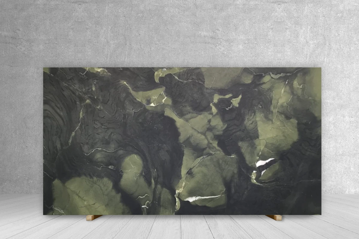 Granite Avocatus Leather Slab countertop by Tilehouz, green-black with white veining, 117 x 78