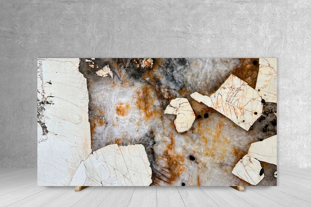 Quartzite Patagonia Original polished slab countertop 3/4 in, 127x79, Tilehouz with white, gray and orange veining