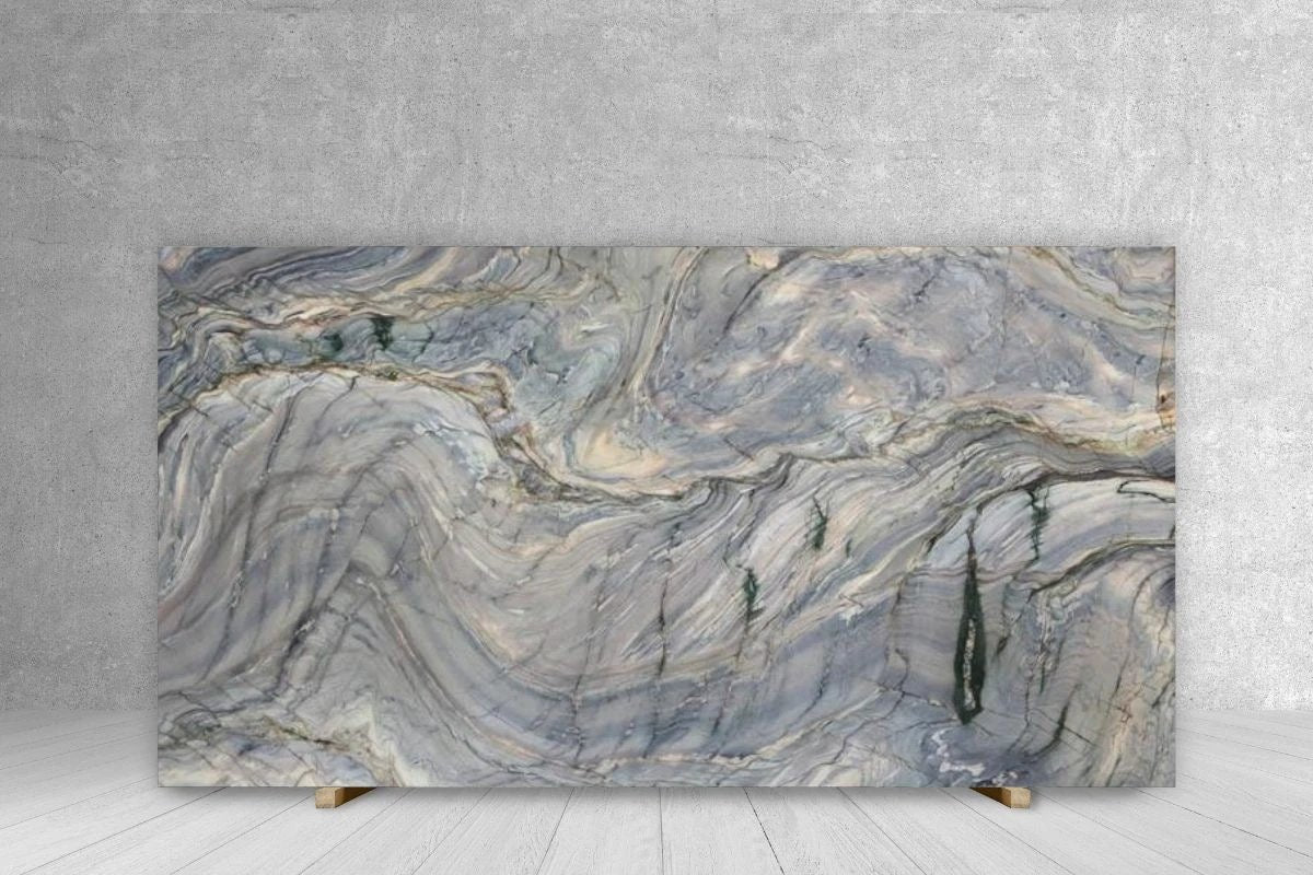 Quartzite Explosion Blue slab countertop with blue-gray swirls, 129 x 77