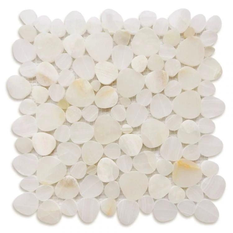 Tilehouz Aphrodite Onyx White honed 12x12 pebble mosaic wall tile.