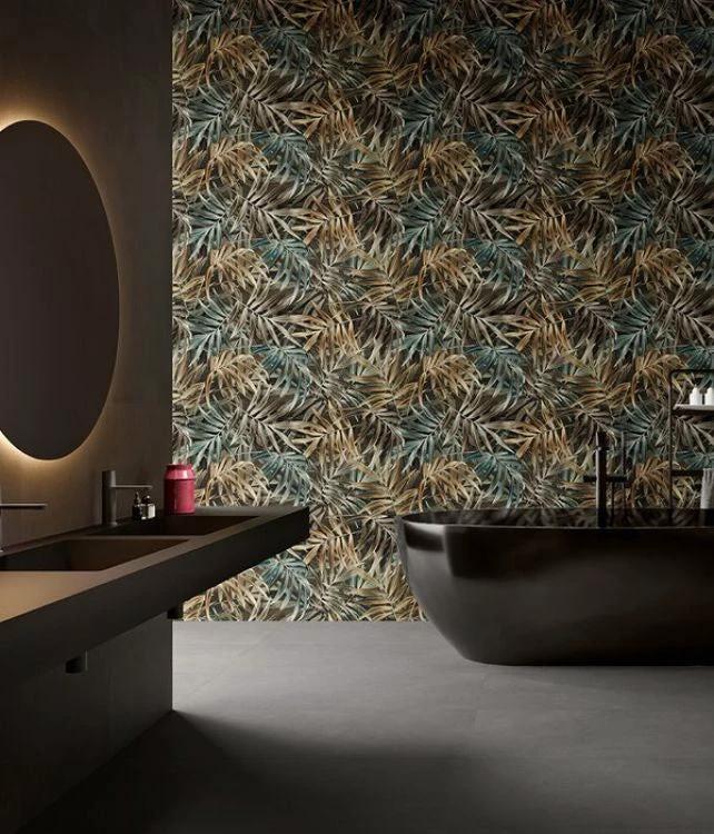 Sable Jardin 02 Matte 24 x 48 porcelain wall & ceiling tile by Tilehouz with tropical palm pattern in a modern bathroom