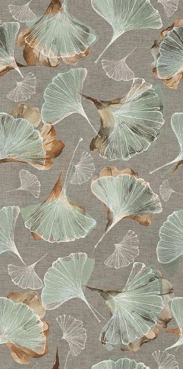 Porcelain tile Sable Jardin 03 Matte 24x48 by Tilehouz with teal ginkgo leaf pattern on a gray background