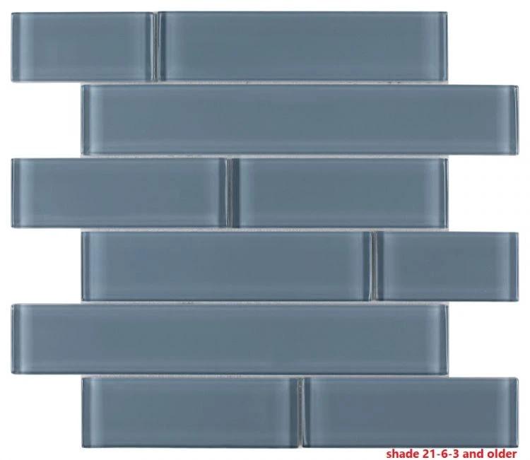 Casale blue polished glass mosaic tile sheet in subway brick pattern for walls