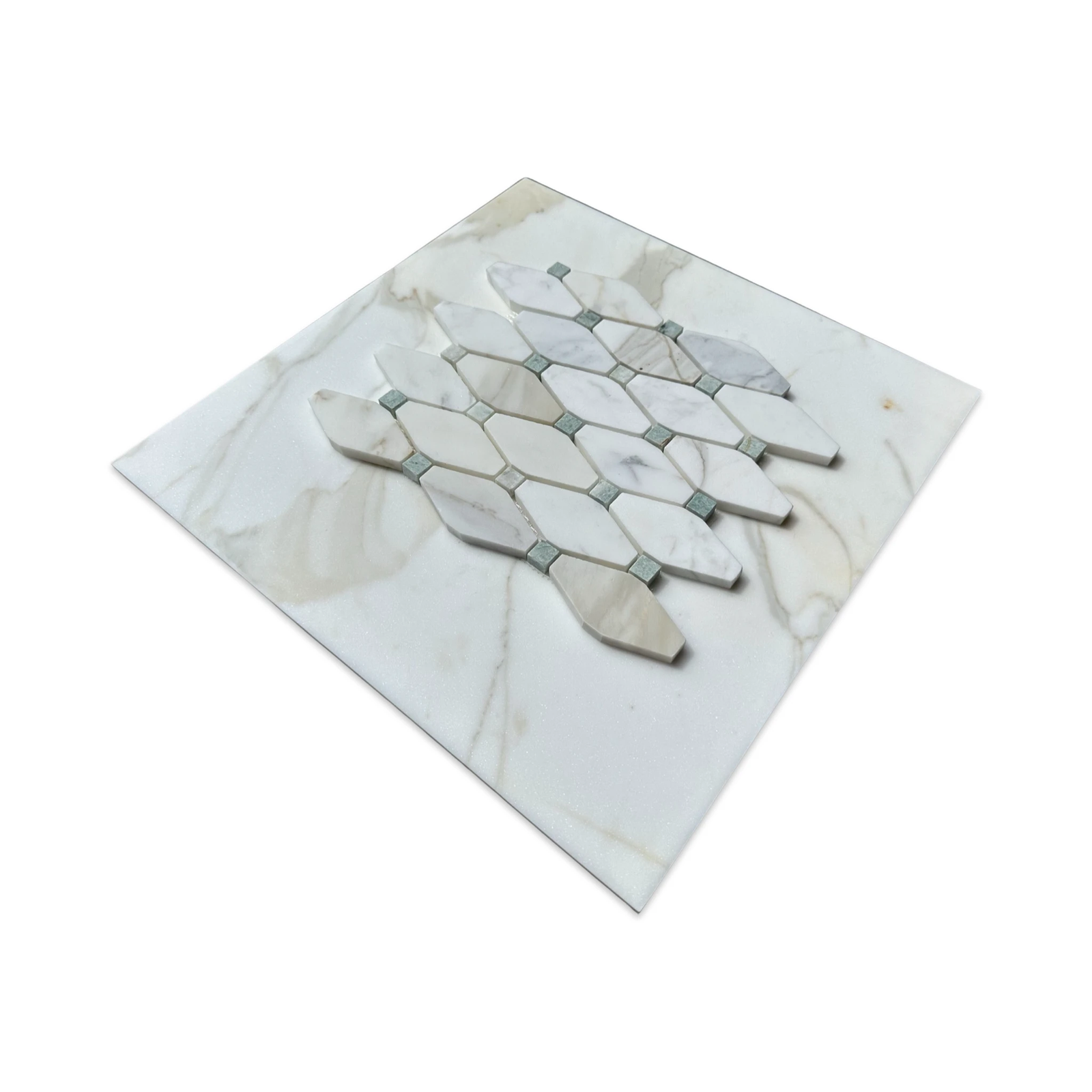 Calacatta Gold marble octave mosaic with Ming Green dots for wall tile; white with gold veining and green dot accents