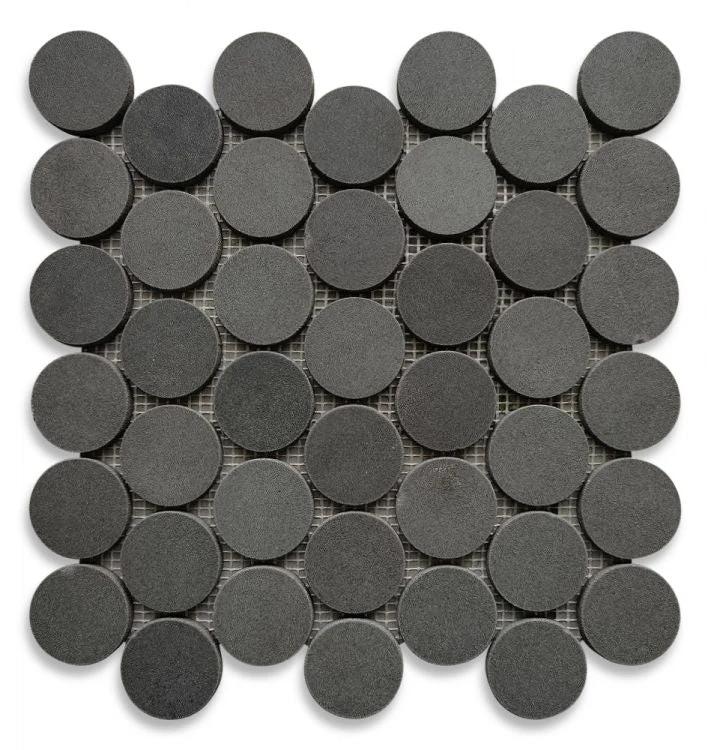 Black Basalt Stone Large 2-inch Penny-Round Mosaic by Tilehouz for wall & ceiling tile