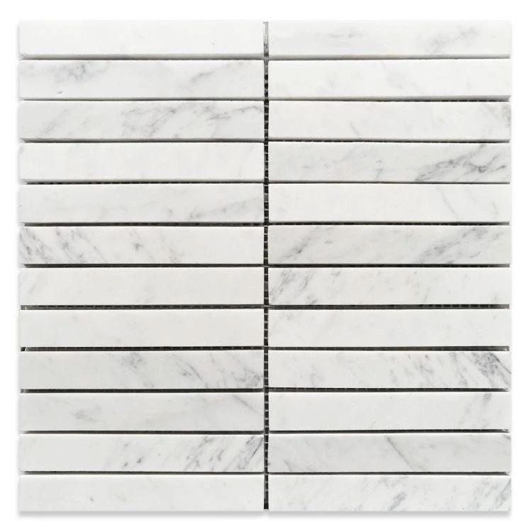 Tilehouz Carrara Marble Slot Mosaic Tile, honed white with gray veining, 1x6 slot sheet for walls and ceilings