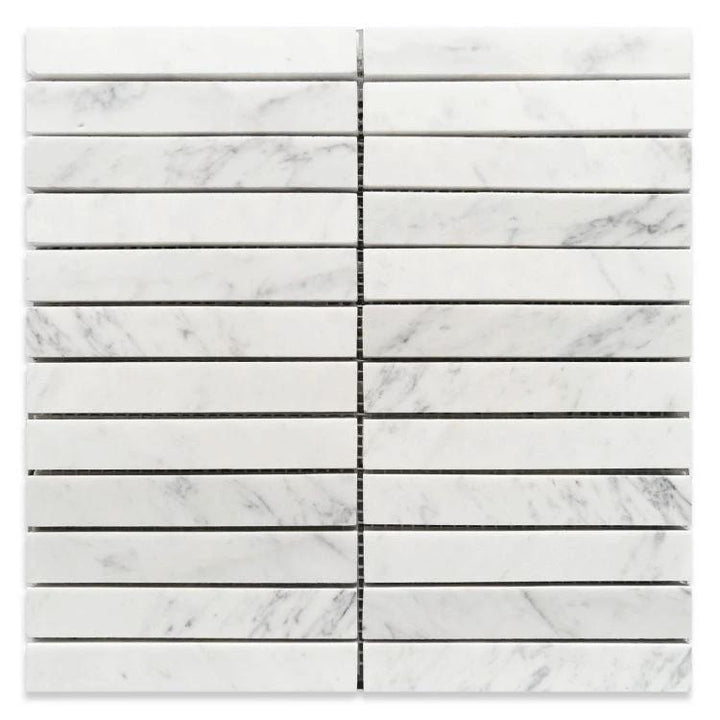 Tilehouz Carrara Marble Slot Mosaic Tile, honed white with gray veining, 1x6 slot sheet for walls and ceilings