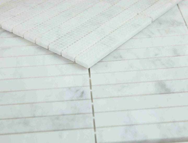 Carrara Marble Slot Mosaic Tile, honed white 1x6 strips, Tilehouz Wall &amp; Ceiling Tile