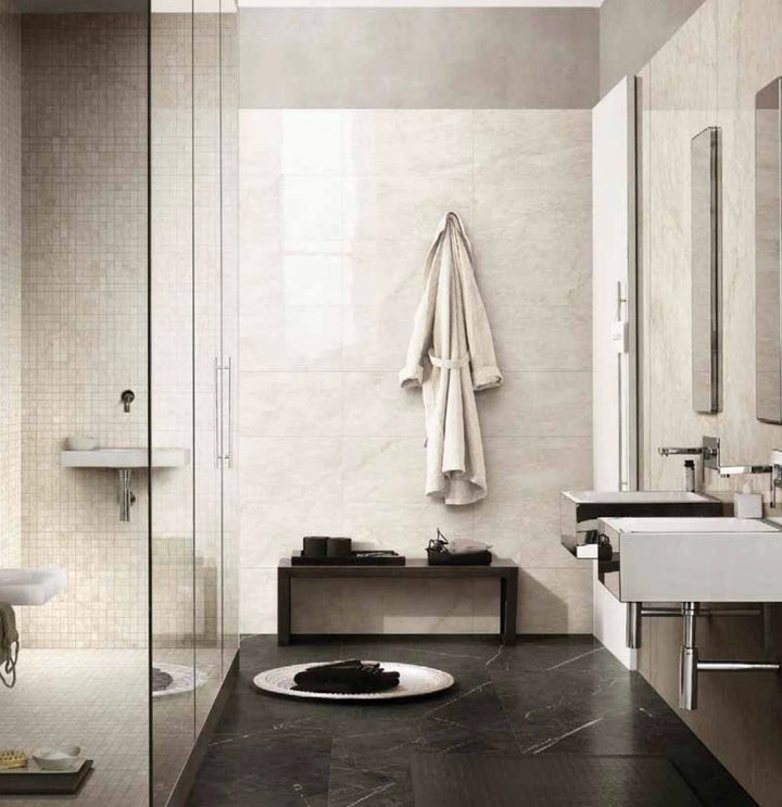 Imperial White Porcelain Tile 12x24 in a contemporary bathroom with white walls and dark floor.