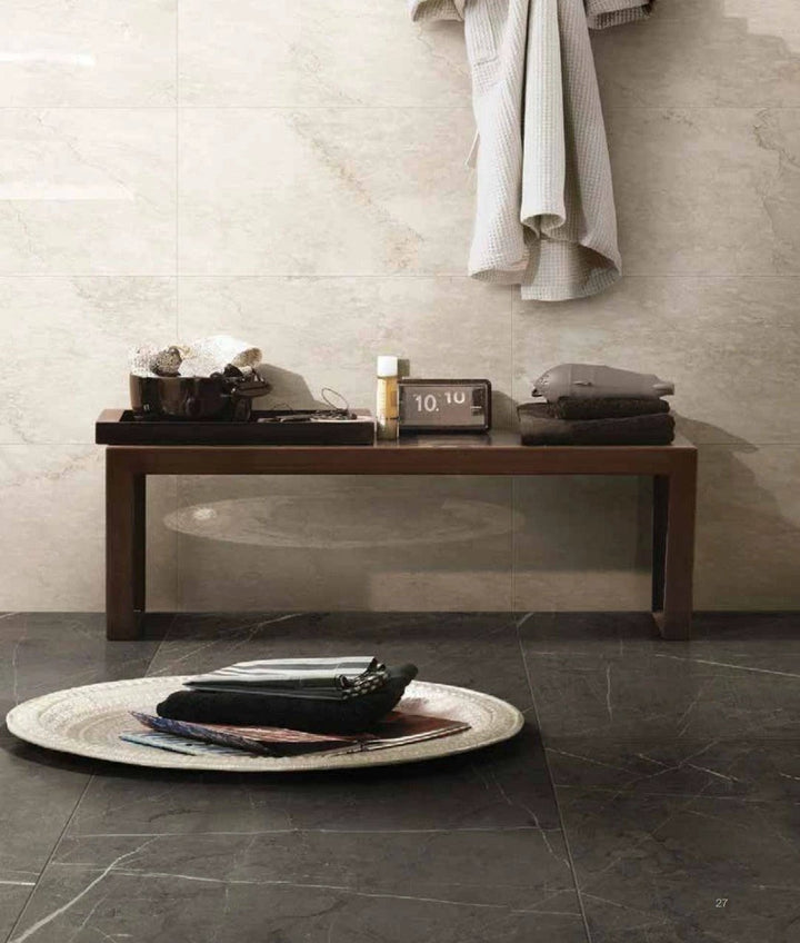 Imperial White porcelain tile 12x24 by Tilehouz on a bathroom wall display