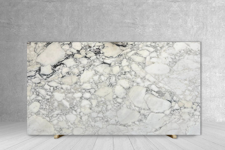 Marble slab Calacatta Monet, extra-honed finish, white with gray veining; Tilehouz countertop slab 129x77.