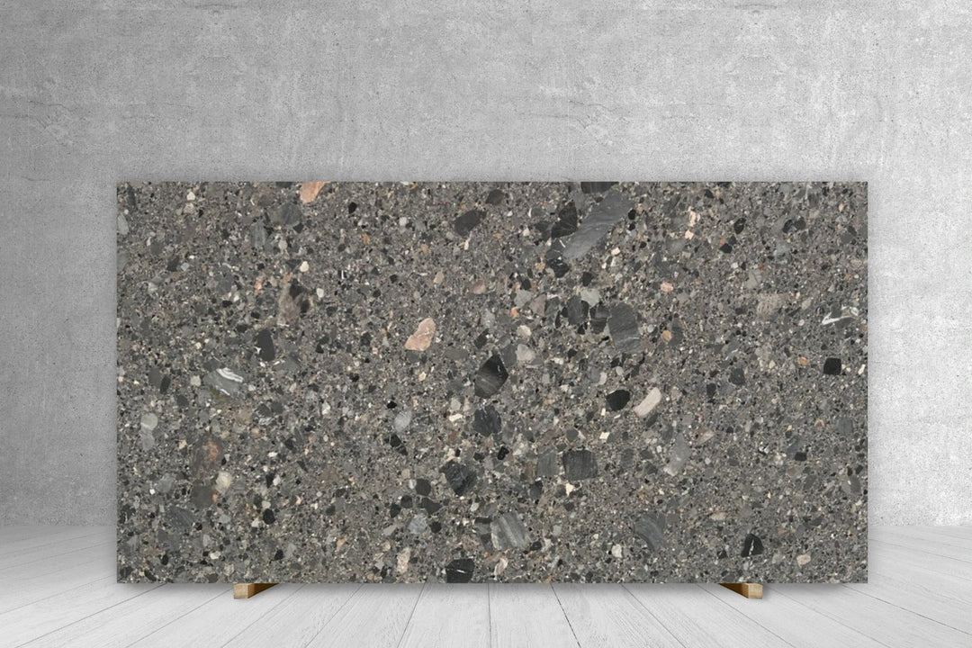 Marble Ceppo Grey honed slab for countertops, Tilehouz brand, 119 x 69 cm, speckled grey pattern with aggregates