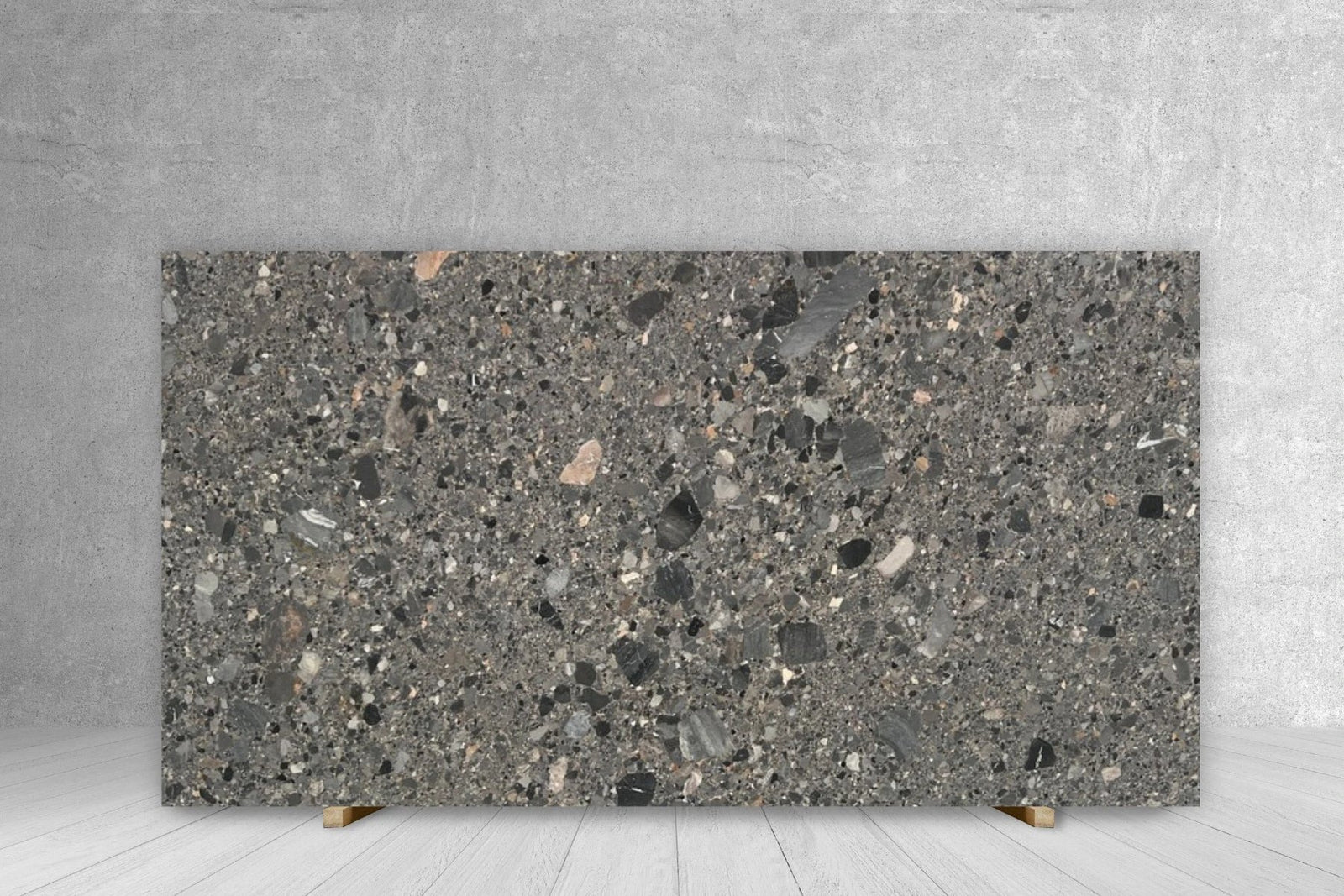 Marble Ceppo Grey honed slab for countertops, Tilehouz brand, 119 x 69 cm, speckled grey pattern with aggregates