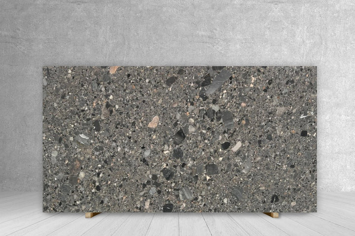 Marble Ceppo Grey honed slab for countertops, Tilehouz brand, 119 x 69 cm, speckled grey pattern with aggregates