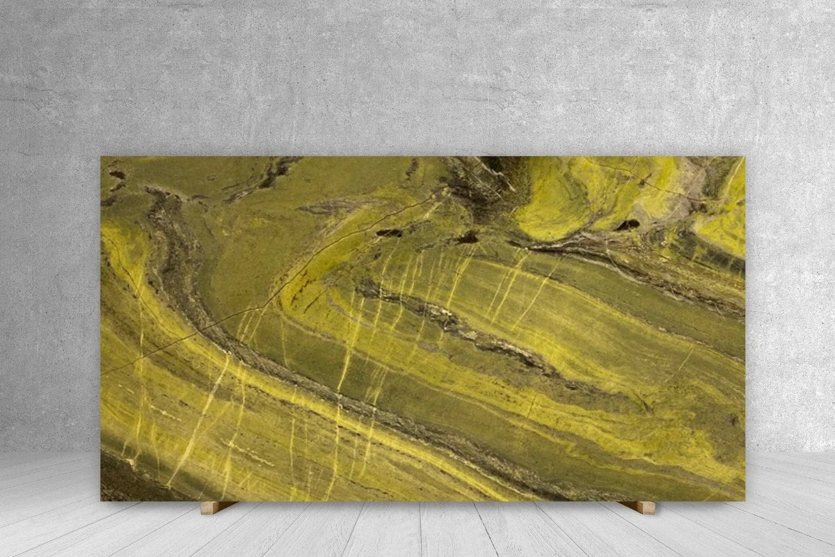 Marble slab Irish Green with AVP polished finish, golden veining, 117 x 58, Tilehouz countertops