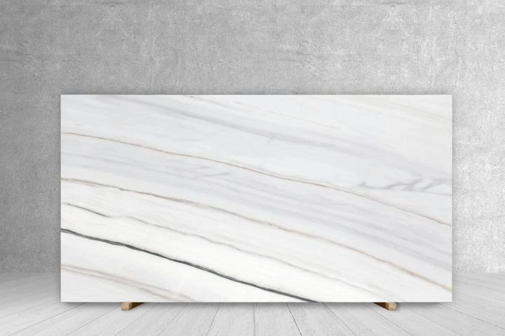 Marble Slab Tilehouz Bianco Lasa Covelano Gold Plus, polished white with gray veining 119x78 cm