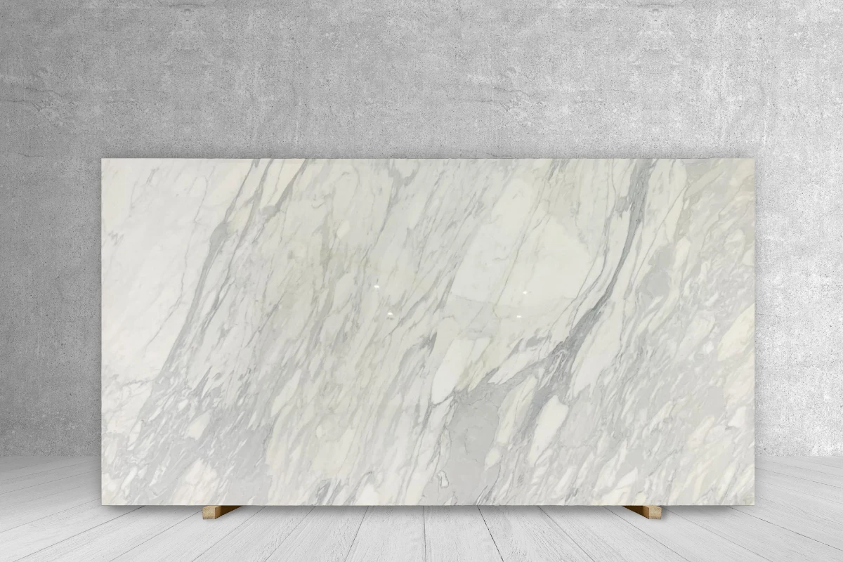 Marble Slab Calacatta Classic polished slab, white with gray veins, 118 x 70