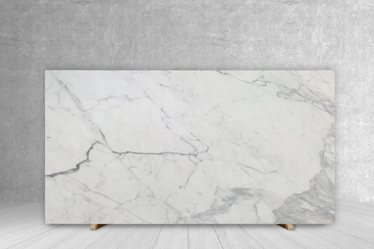 Marble Calacatta Classico polished slab for countertops by Tilehouz, white with gray veining, 125 x 75 cm