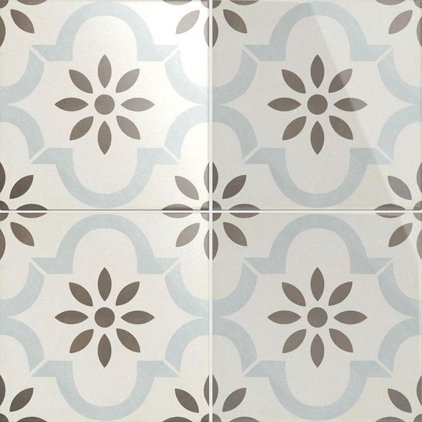 Porcelain tile Heritage Cascais Pastel 9380 by Tilehouz, 8x8 with blue-gray floral motif