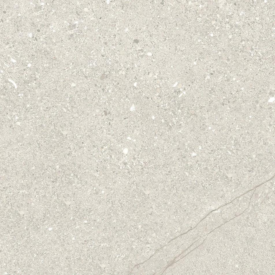 Victoria White porcelain tile 24x24 with light gray speckled terrazzo pattern