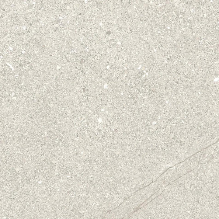 Victoria White porcelain tile 24x24 with light gray speckled terrazzo pattern