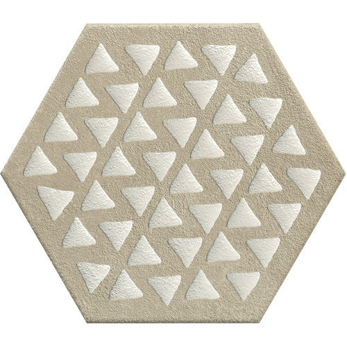 Terracreta intarsio argilla hexagon porcelain tile, 8.5x10, beige with white triangular inlays for walls
