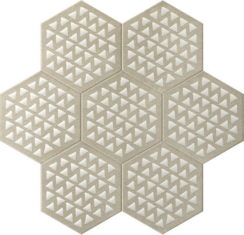Terracreta Intarsio Argilla hexagon porcelain tiles, 8.5x10, beige with ivory triangle inlays; seven shown